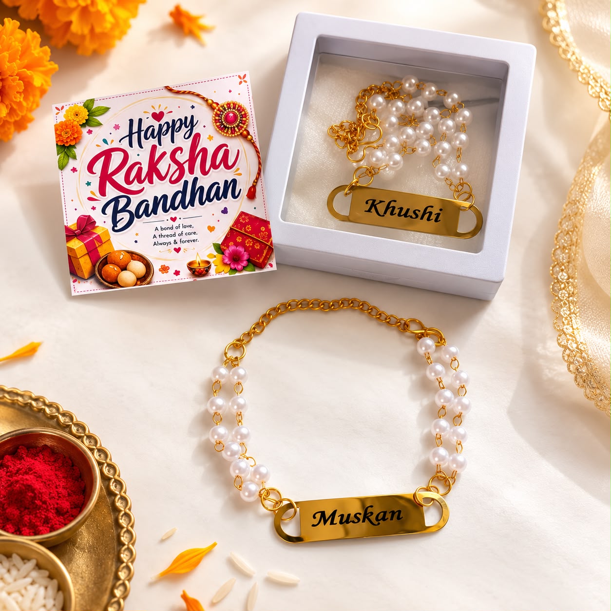 Personalized Pearl Name Rakhi Bracelet