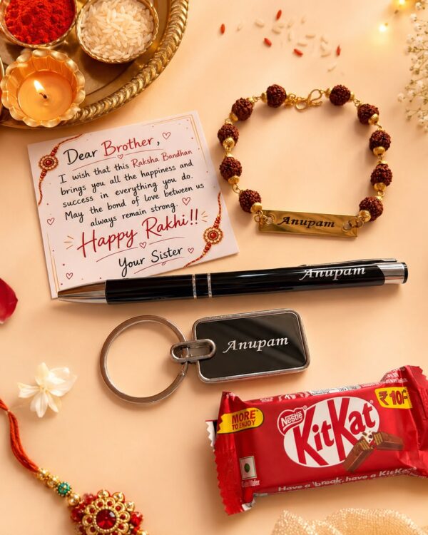 Personalized Rakhi Gift Combo for Brother – Custom Name Keychain, Pen & Rudraksh Rakhi Gift Set