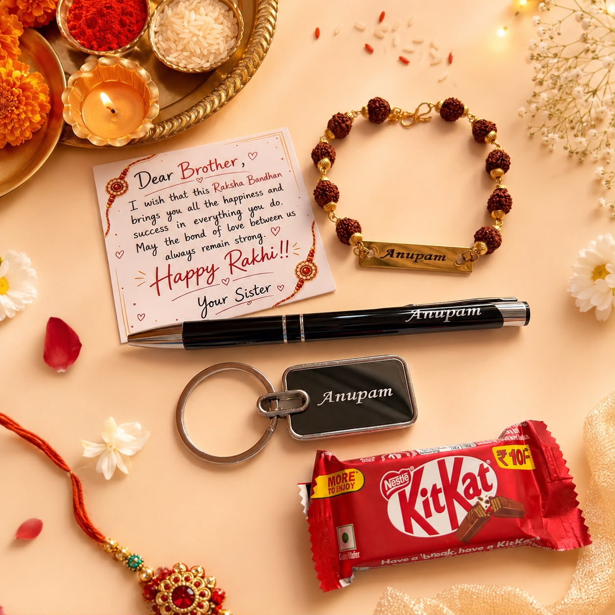 Personalized Rakhi Gift Combo for Brother – Custom Name Keychain, Pen & Rudraksh Rakhi Gift Set