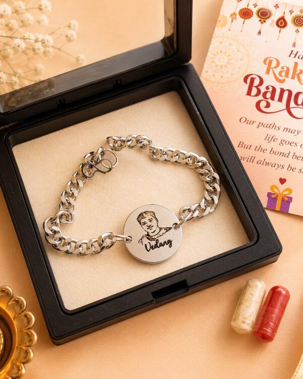 Personalized Photo & Name Engraved Silver Bracelet Rakhi