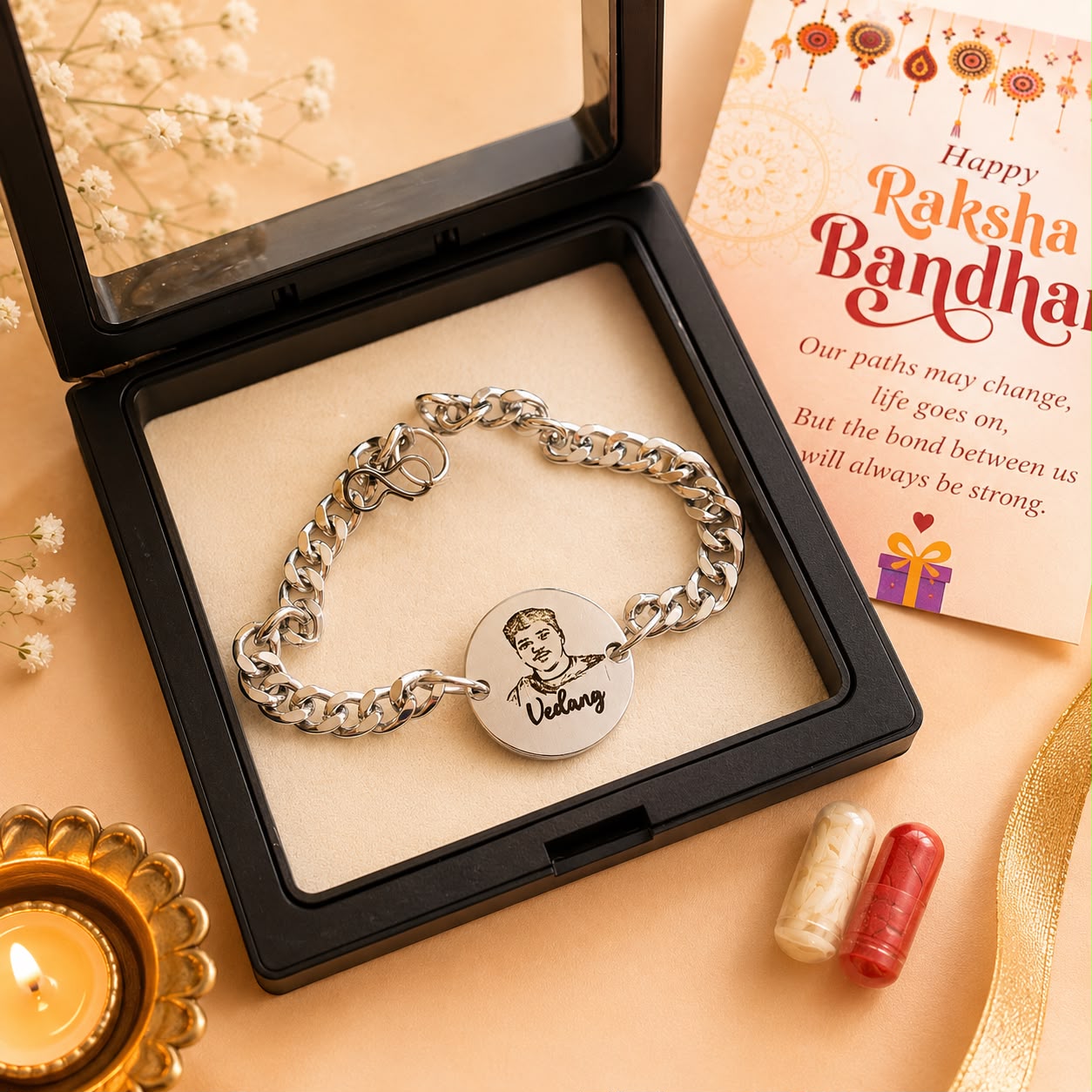 Personalized Photo & Name Engraved Silver Bracelet Rakhi