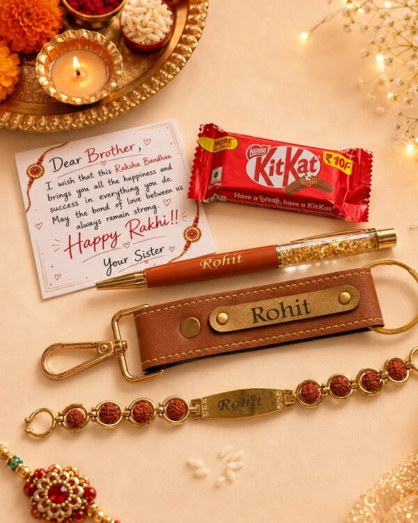 Personalized Rakhi Gift Combo for Brother – Custom Name Keychain, Pen & Rudraksh Rakhi Bracelet Gift Set