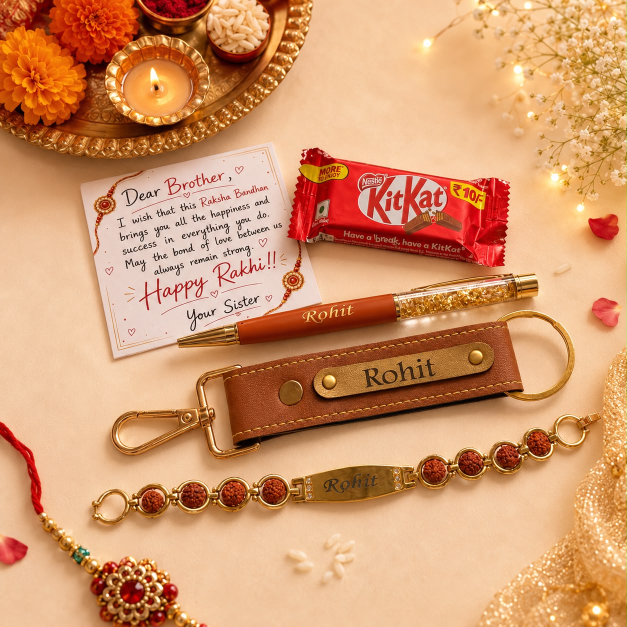 Personalized Rakhi Gift Combo for Brother – Custom Name Keychain, Pen & Rudraksh Rakhi Bracelet Gift Set