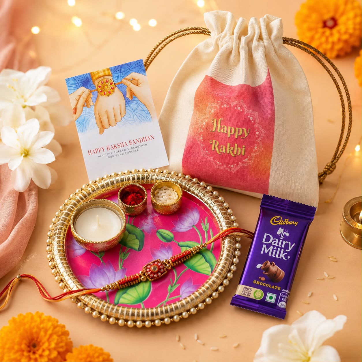 Rakhi with Puja Thali Gift Combo Set
