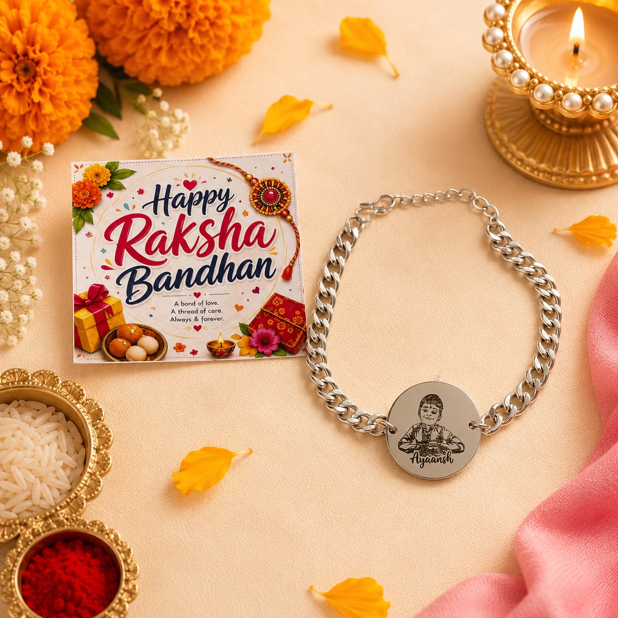 Personalized Photo & Name Engraved Silver Bracelet Rakhi - Image 2