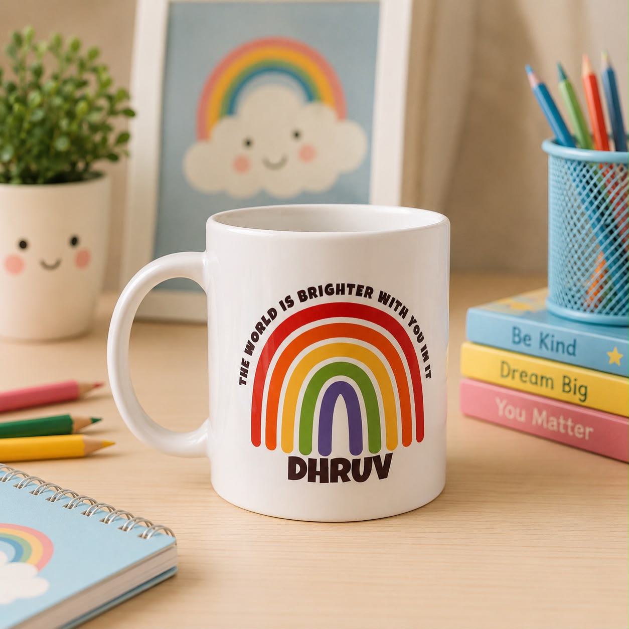 Personalised Rainbow Theme Ceramic Mug with Name for Kids