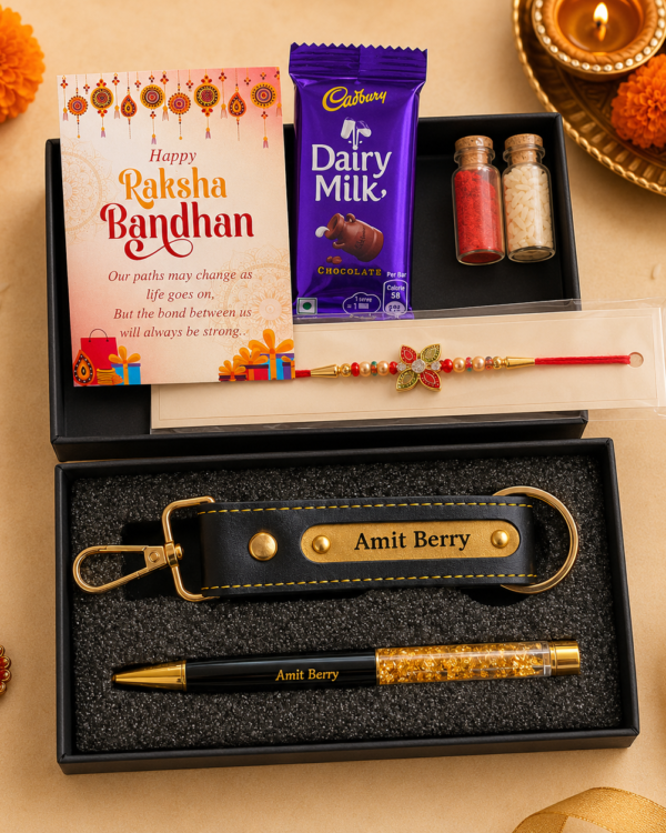 Personalized Rakhi Gift Combo for Brother – Custom Name Keychain & Pen