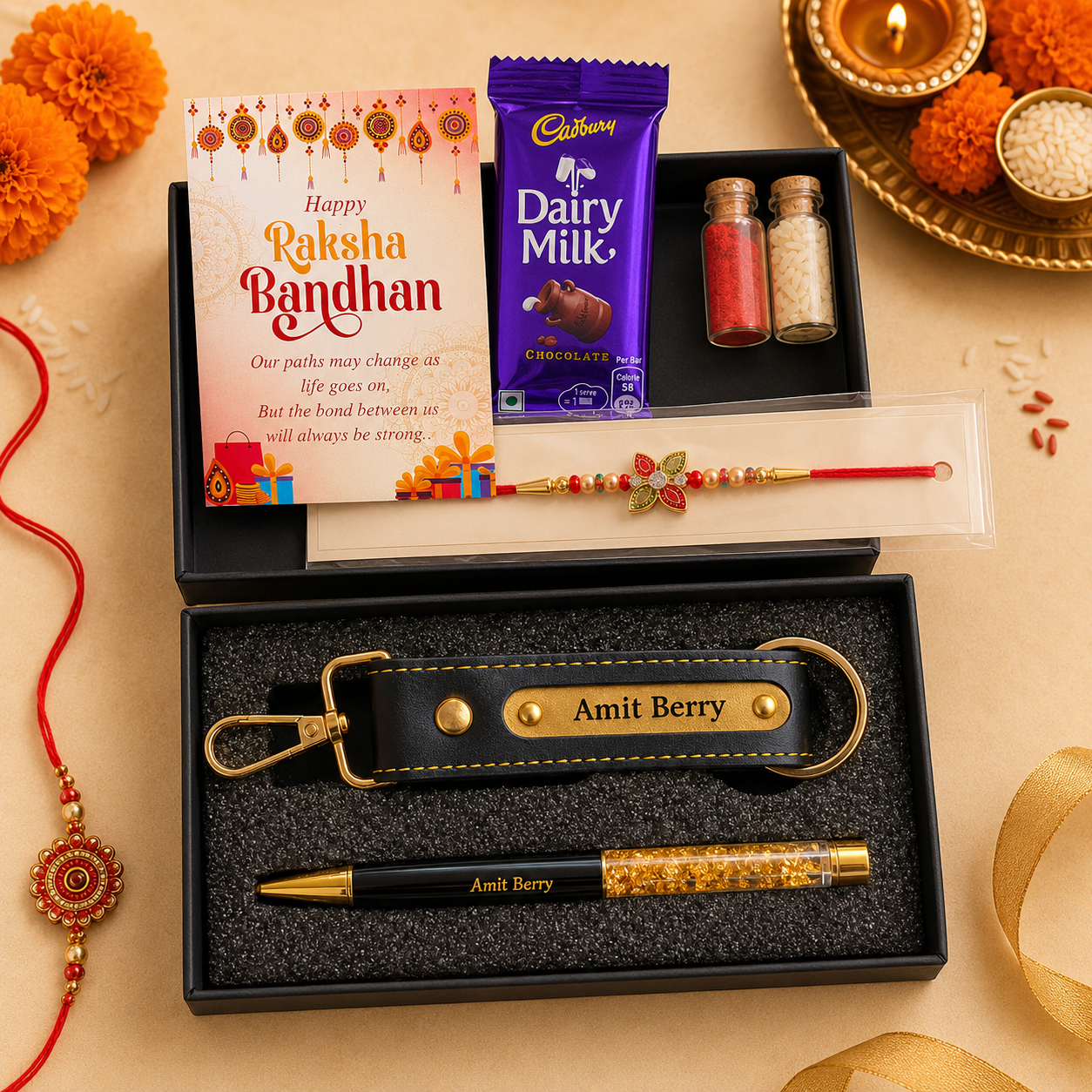 Personalized Rakhi Gift Combo for Brother – Custom Name Keychain & Pen