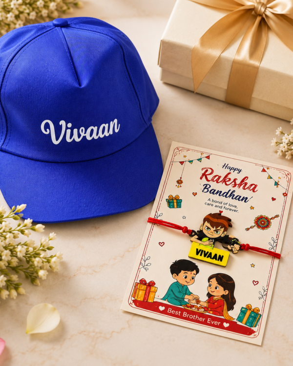 Personalised Rakshabandhan Gift For Kids with Custom Name Cap & Rakhi