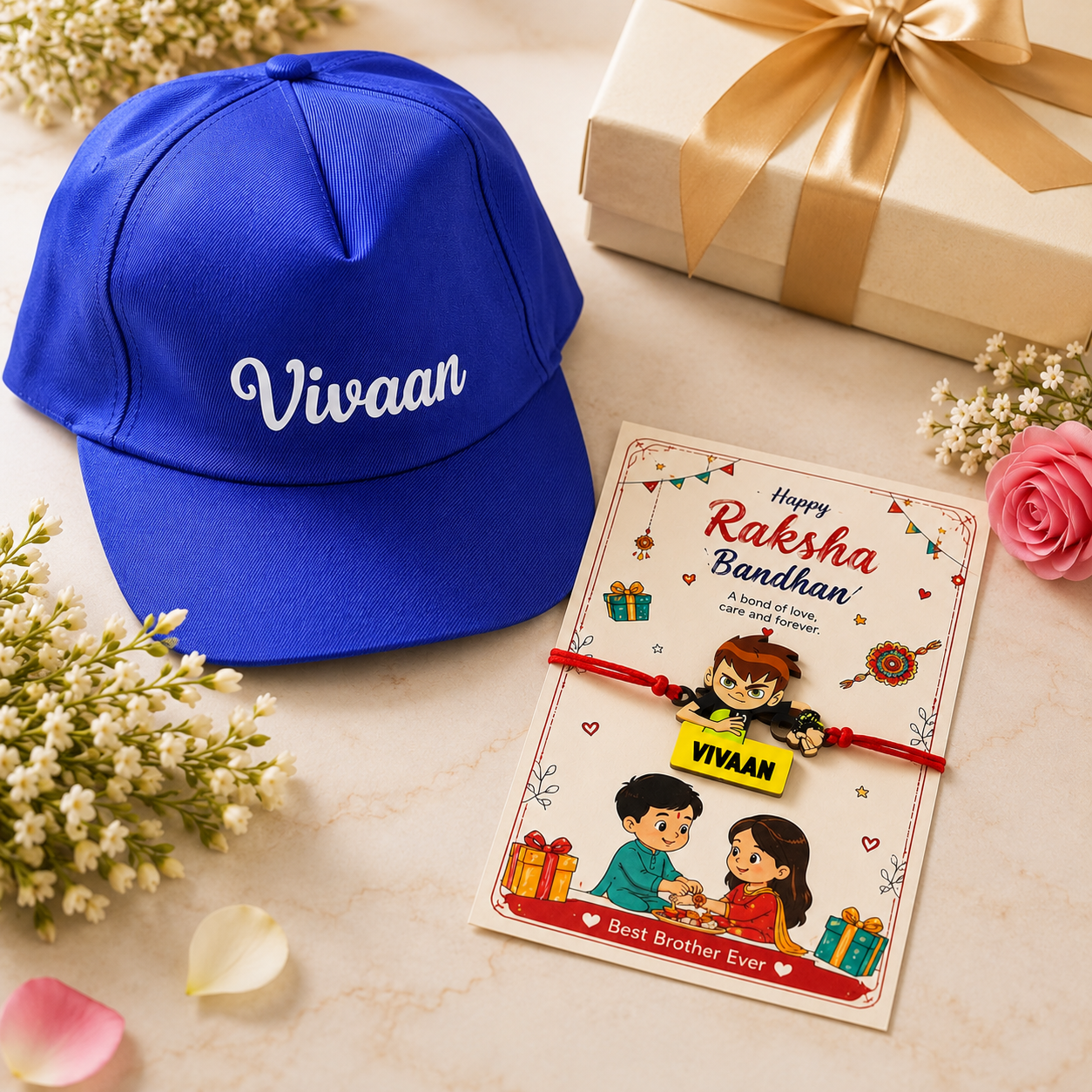 Personalised Rakshabandhan Gift For Kids with Custom Name Cap & Rakhi