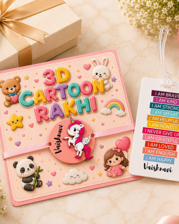 Personalised Rakhi Gift for Kids with Bag Tag and 3d Cartoon Rakhi