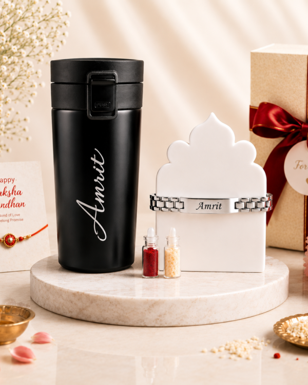 Personalised Rakhi Gift for Brother/Sister with Name Bracelet and Travel Mug