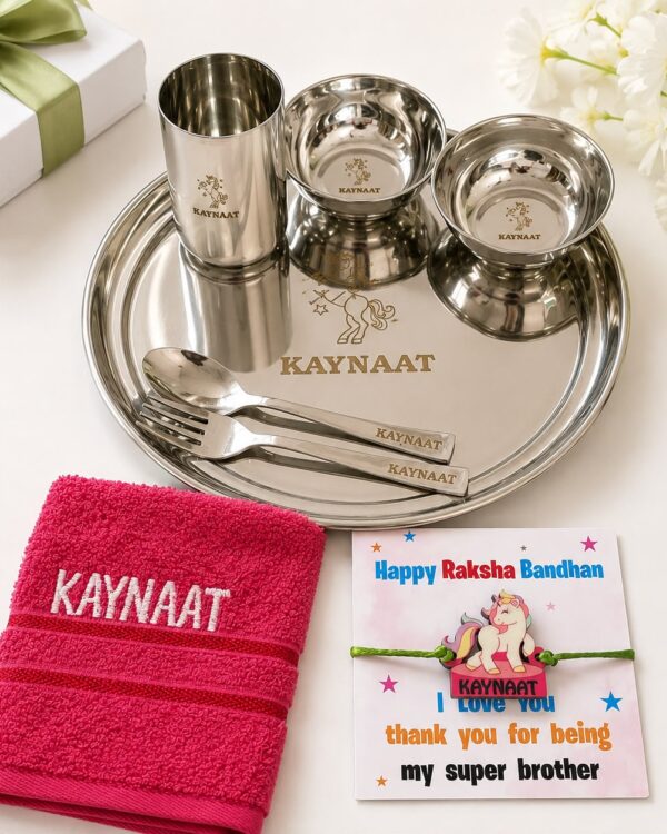 Personalized Stainless Steel Kids Thali Set with Rakhi Gift Combo
