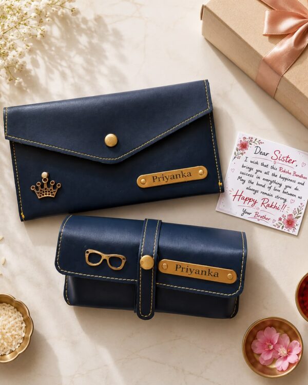 Personalised Rakhi Gift Combo for Sister/Bhabhi with Sunglasses Cover and Minimal Clutch