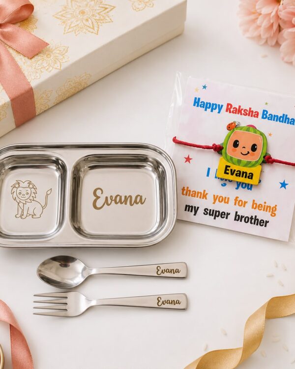 Personalized Stainless Steel Kids single Partition Plate Set with Rakhi Gift Combo