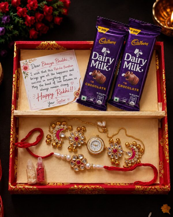 Rakhi Combo with Kashmiri Watch, Bhaiya Bhabhi Rakhi Set
