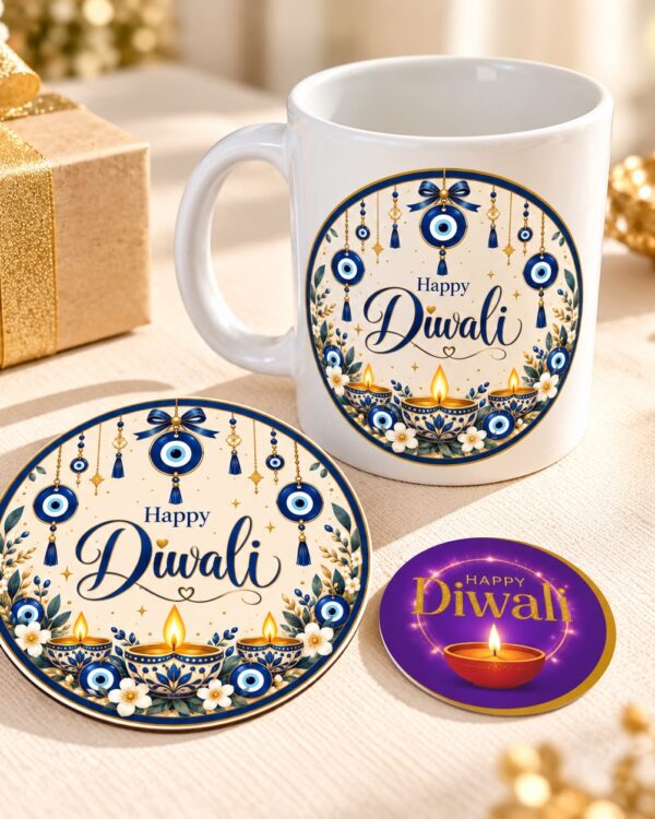 Evil Eye Theme Happy Diwali Gift Combo with Ceramic Mug and Coaster