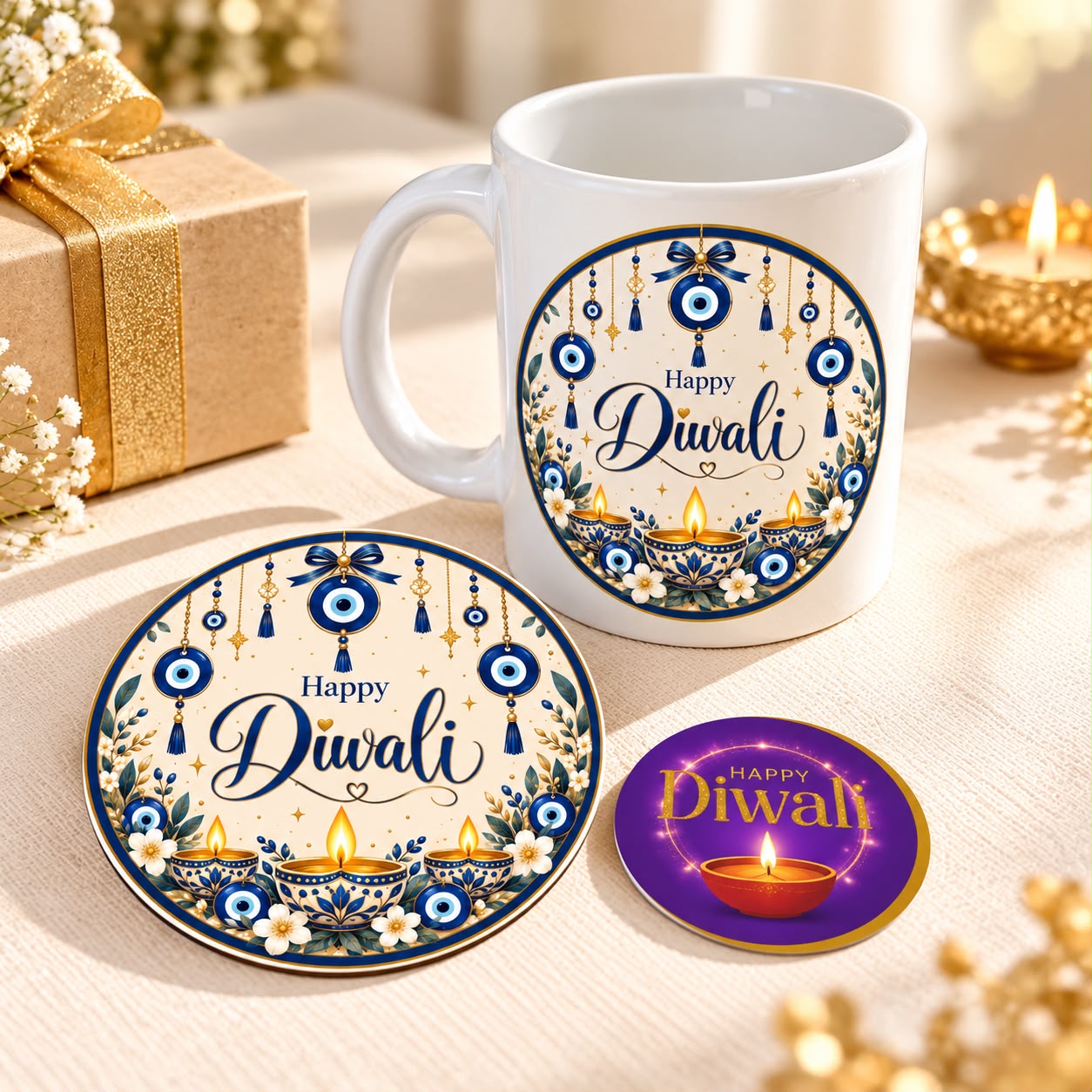 Evil Eye Theme Happy Diwali Gift Combo with Ceramic Mug and Coaster
