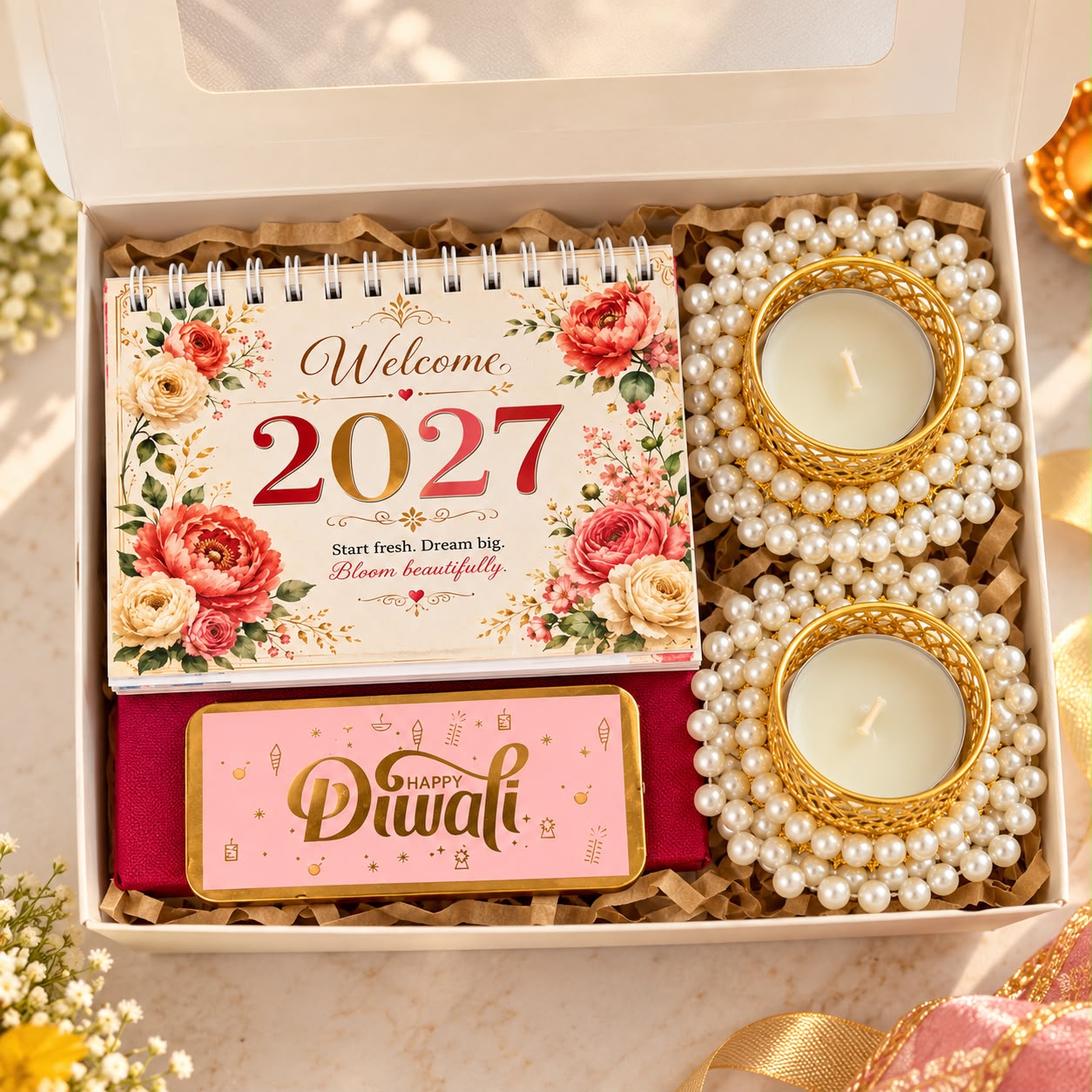Happy Diwali Gift Hamper with 2027 Table Calendar and Premium Pearl Candle Holders - Image 3
