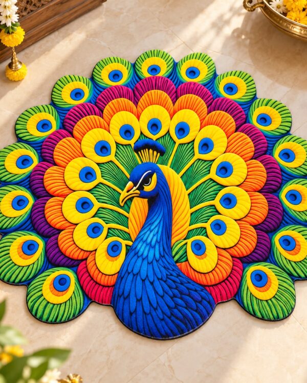 7D Printed Mandala Rangoli Round Floor Mat- Morpankh