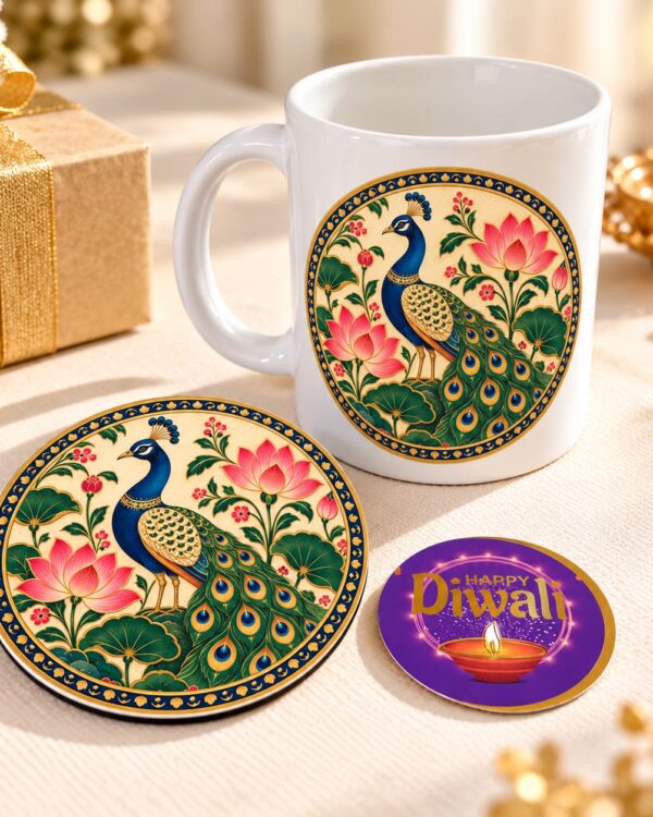 Peacock Theme Happy Diwali Gift Combo with Ceramic Mug and Coaster