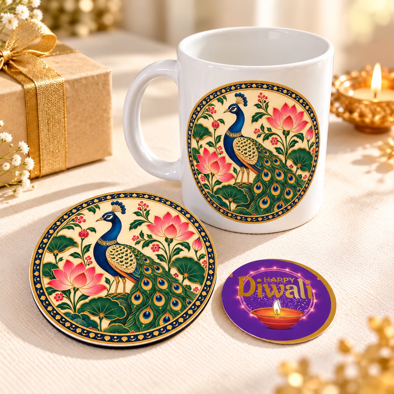 Peacock Theme Happy Diwali Gift Combo with Ceramic Mug and Coaster