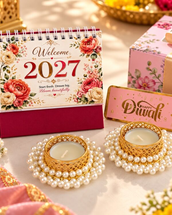 Happy Diwali Gift Hamper with 2027 Table Calendar and Premium Pearl Candle Holders
