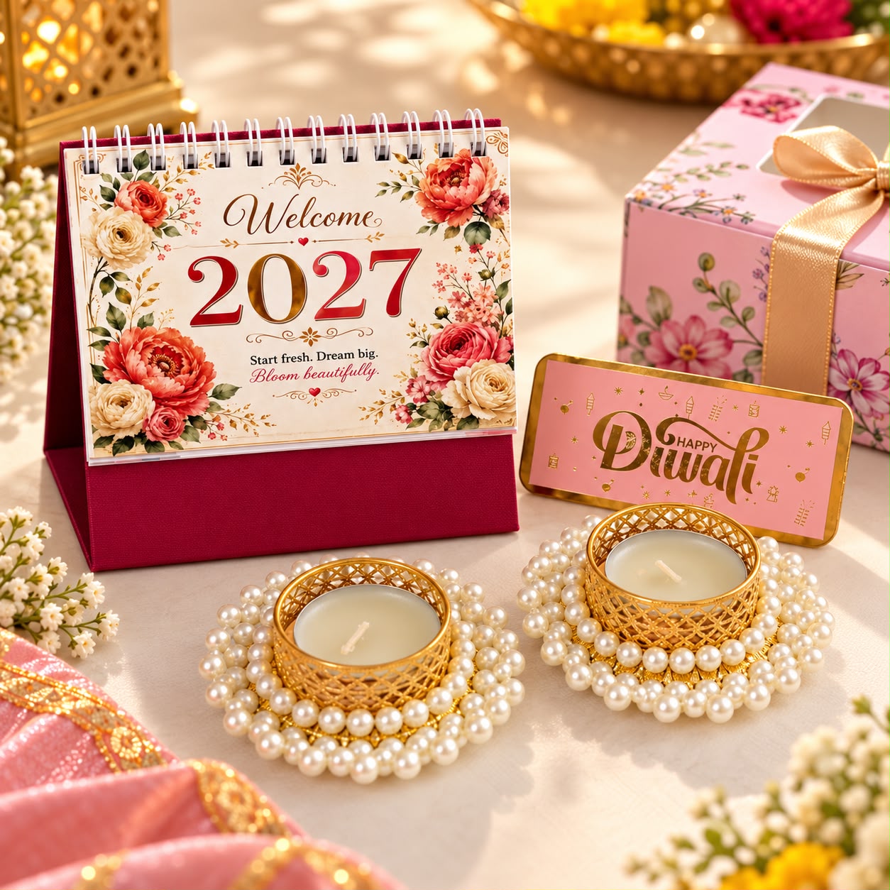 Happy Diwali Gift Hamper with 2027 Table Calendar and Premium Pearl Candle Holders