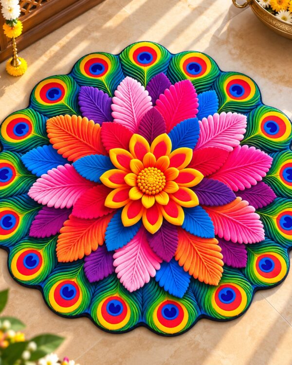 7D Printed Mandala Rangoli Round Floor Mat - Satrang