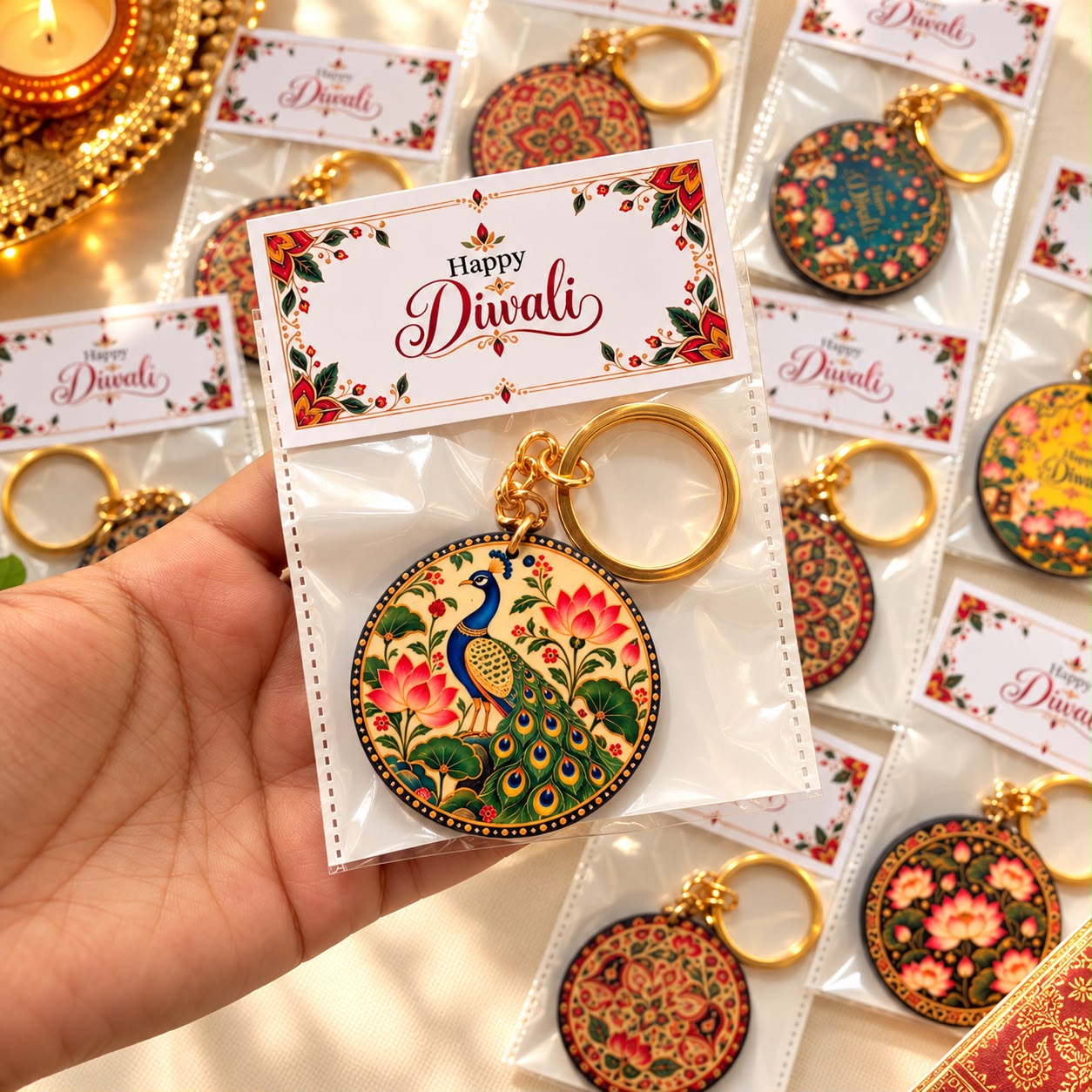 Traditional Indian Print Wooden Keychains (Set of 3)