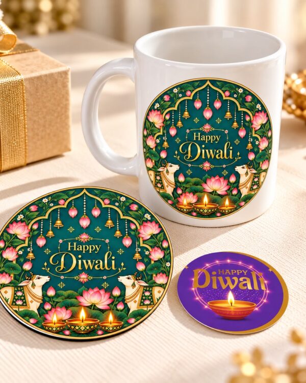 Green Pichwai Theme Happy Diwali Gift Combo with Ceramic Mug and Coaster