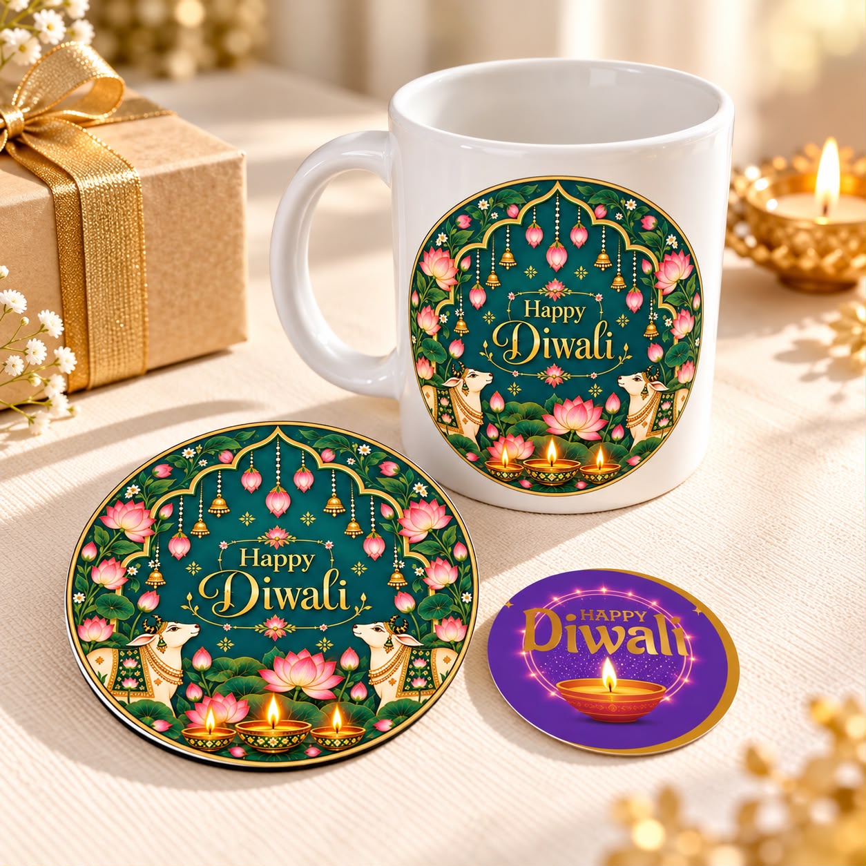 Green Pichwai Theme Happy Diwali Gift Combo with Ceramic Mug and Coaster