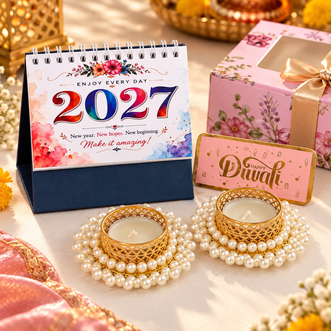 Happy Diwali Gift Hamper with 2027 Table Calendar and Premium Pearl Candle Holders - Image 2