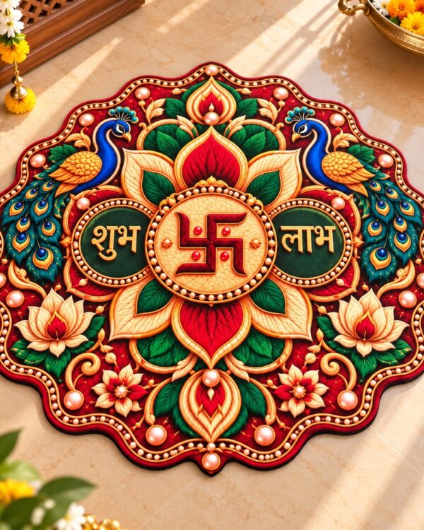 7D Printed Mandala Rangoli Round Floor Mat - Mayur ShubhLabh