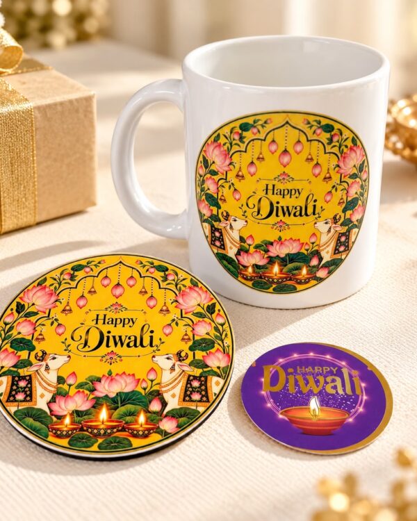 Yellow Pichwai Theme Happy Diwali Gift Combo with Ceramic Mug and Coaster