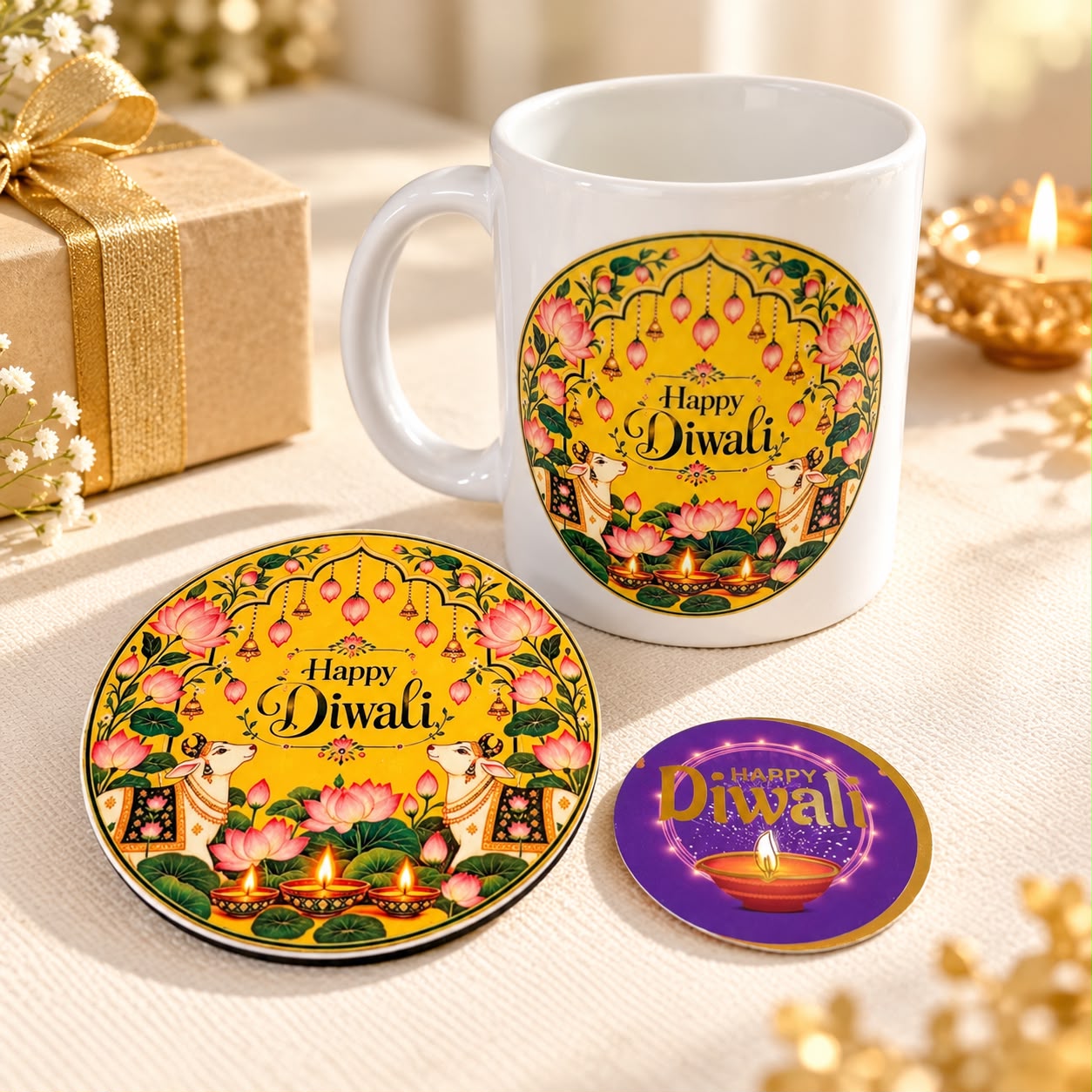 Yellow Pichwai Theme Happy Diwali Gift Combo with Ceramic Mug and Coaster