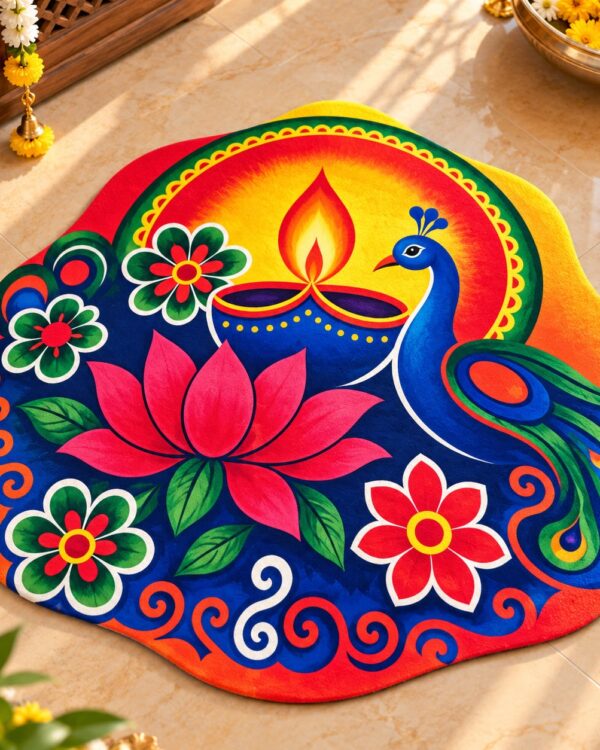 7D Printed Mandala Rangoli Round Floor Mat - Mayur Kamal