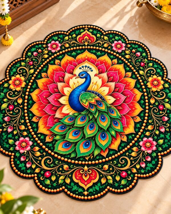 7D Printed Mandala Rangoli Round Floor Mat- Mayur