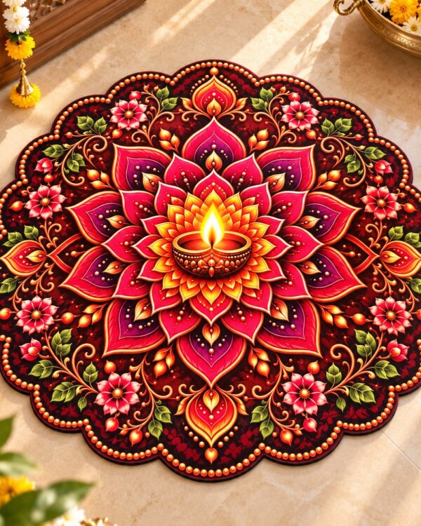 7D Printed Mandala Rangoli Round Floor Mat- Diya