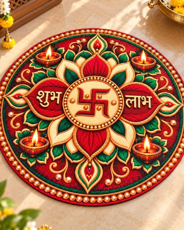 7D Printed Mandala Rangoli Round Floor Mat- Shubh Labh