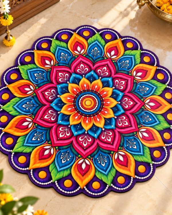 7D Printed Mandala Rangoli Round Floor Mat- Mandala