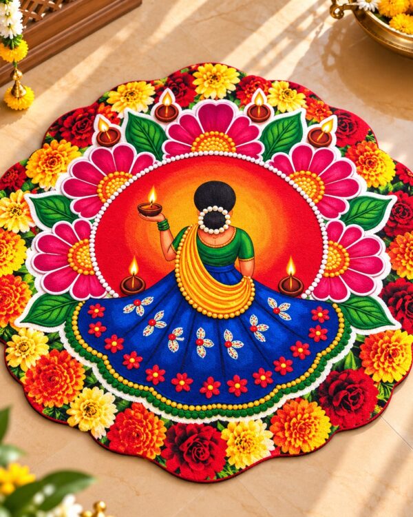 7D Printed Mandala Rangoli Round Floor Mat- Diwali