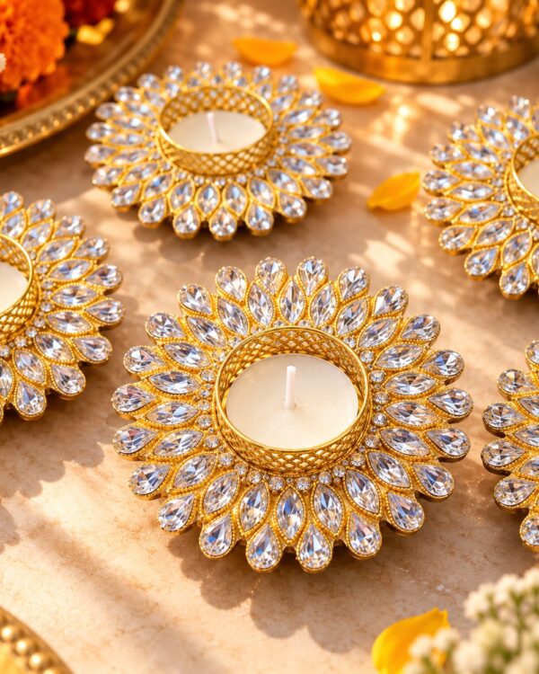Handmade Diamond Studded Tea Light Holders for Diwali - Pack of 2