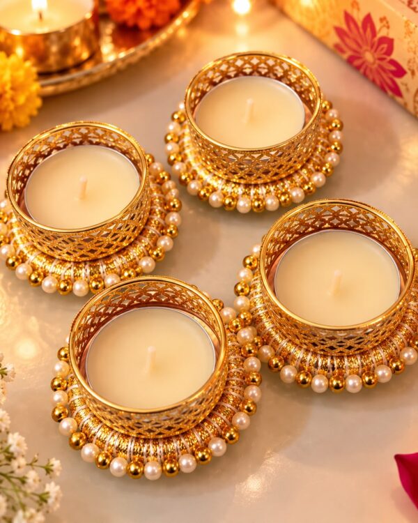 Handmade Gota Pearl Tea Light Holders for Diwali — Pack of 4