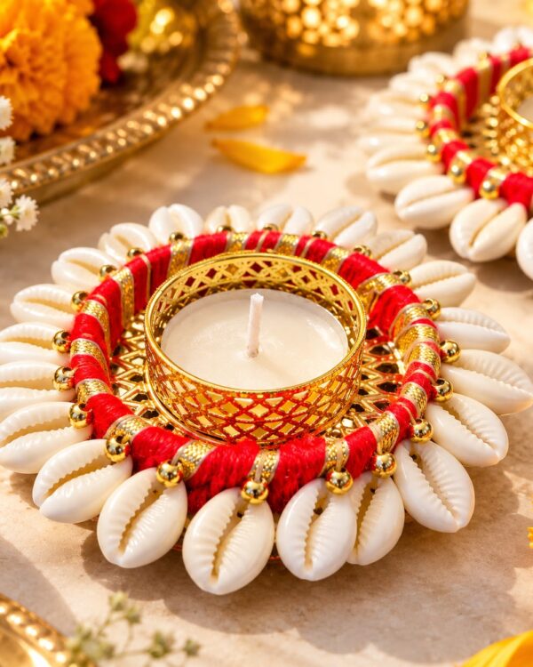 Handmade Multi-Color Kodi (Cowrie) Shell Diya Set of 2
