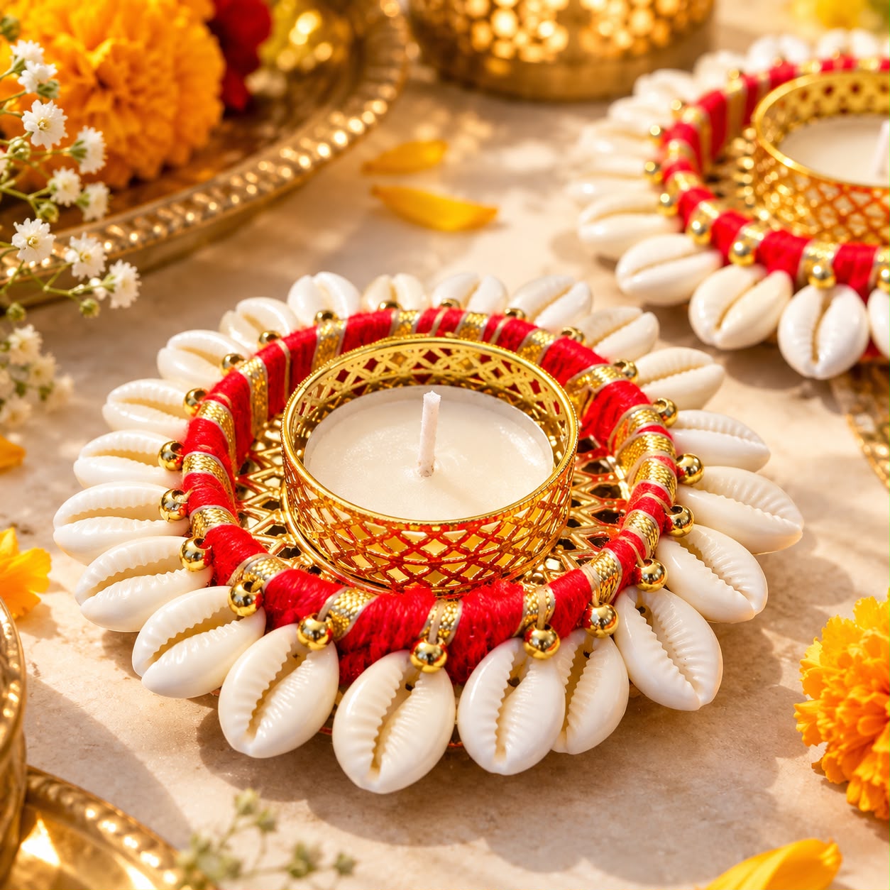 Handmade Multi-Color Kodi (Cowrie) Shell Diya Set of 2