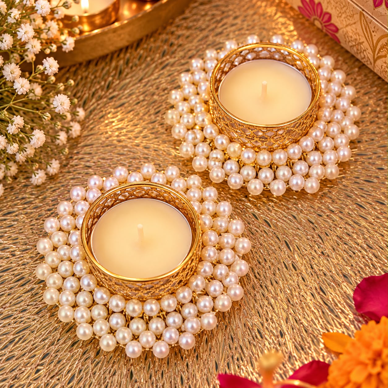 Handmade Pearl Mat Tealight Holder - Set of 2